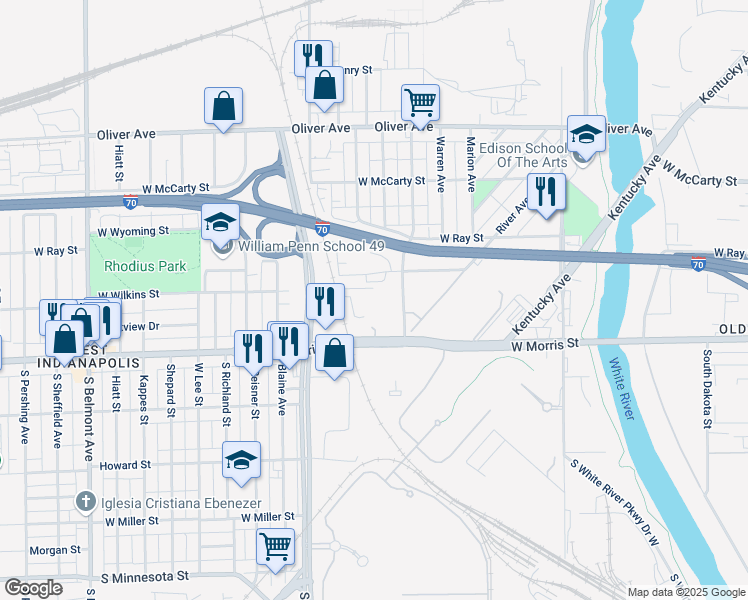 map of restaurants, bars, coffee shops, grocery stores, and more near 1140 Division Street in Indianapolis
