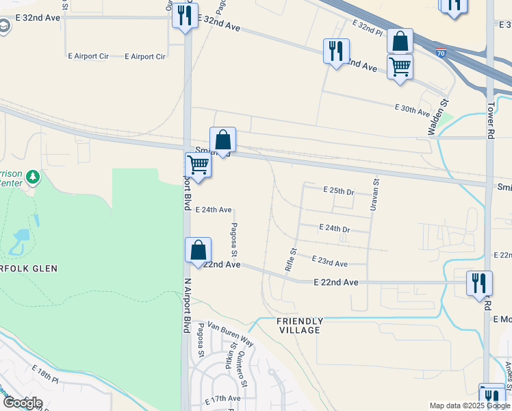 map of restaurants, bars, coffee shops, grocery stores, and more near 2470 Airport Boulevard in Aurora