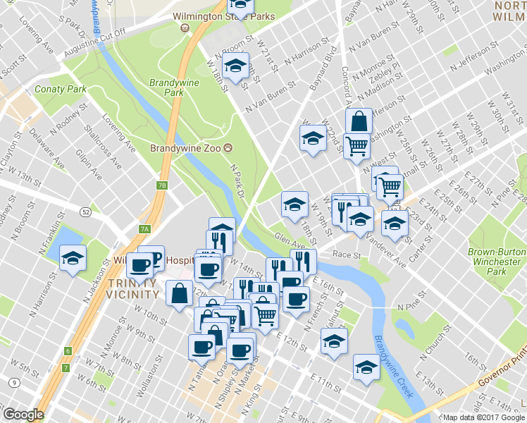 map of restaurants, bars, coffee shops, grocery stores, and more near 225 West 16th Street in Wilmington