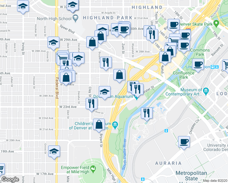 map of restaurants, bars, coffee shops, grocery stores, and more near 2450 Alcott Street in Denver