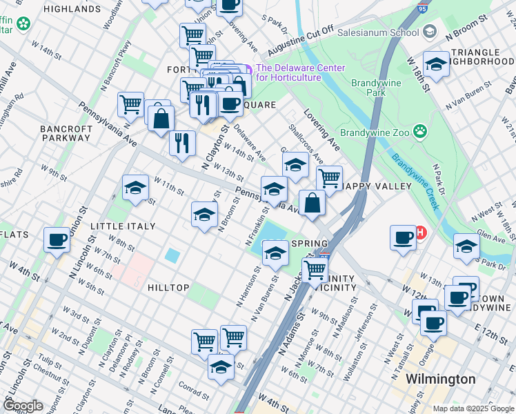 map of restaurants, bars, coffee shops, grocery stores, and more near 1115 North Franklin Street in Wilmington