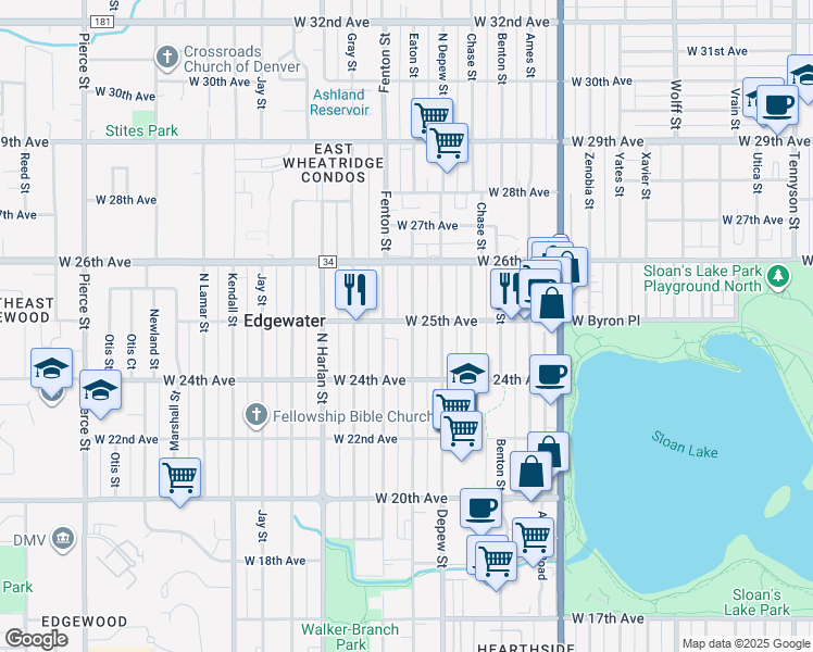 map of restaurants, bars, coffee shops, grocery stores, and more near 2497 Eaton Street in Edgewater