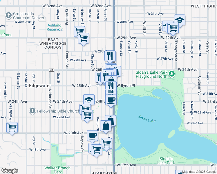 map of restaurants, bars, coffee shops, grocery stores, and more near 5222 West 25th Avenue in Edgewater