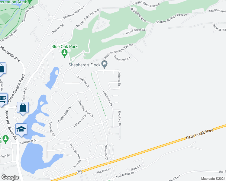 map of restaurants, bars, coffee shops, grocery stores, and more near 137 Delaney Drive in Chico