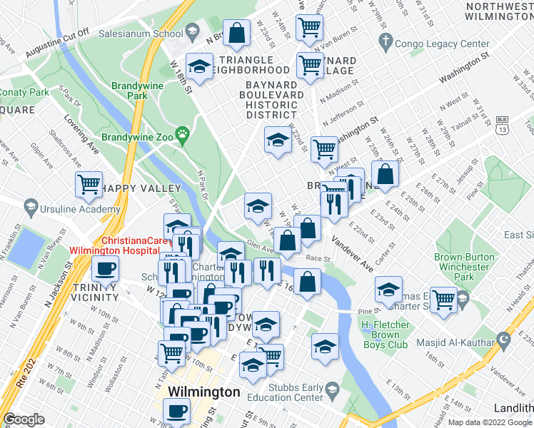 map of restaurants, bars, coffee shops, grocery stores, and more near 131 West 18th Street in Wilmington
