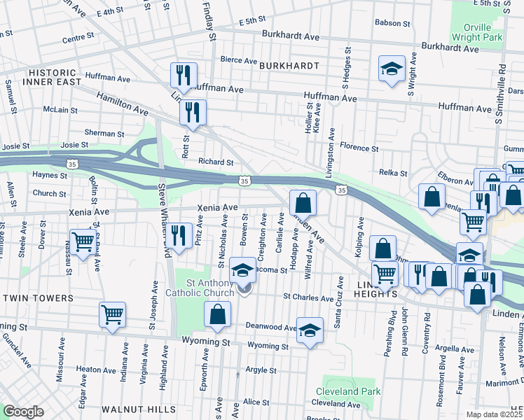 map of restaurants, bars, coffee shops, grocery stores, and more near 1630 Xenia Avenue in Dayton