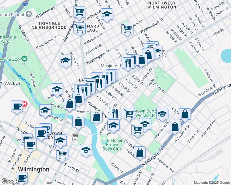 map of restaurants, bars, coffee shops, grocery stores, and more near 24 East 24th Street in Wilmington