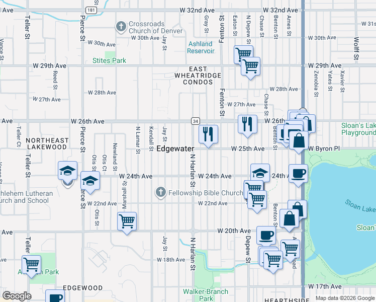 map of restaurants, bars, coffee shops, grocery stores, and more near 2471 North Harlan Street in Edgewater
