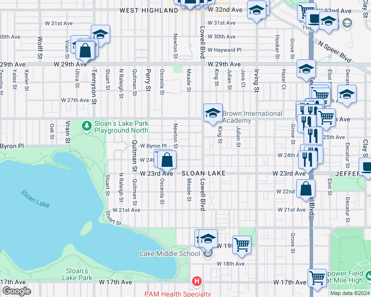 map of restaurants, bars, coffee shops, grocery stores, and more near 2441 Meade Street in Denver