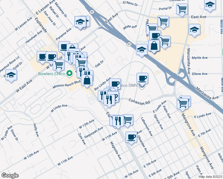 map of restaurants, bars, coffee shops, grocery stores, and more near 251 Rio Lindo Avenue in Chico