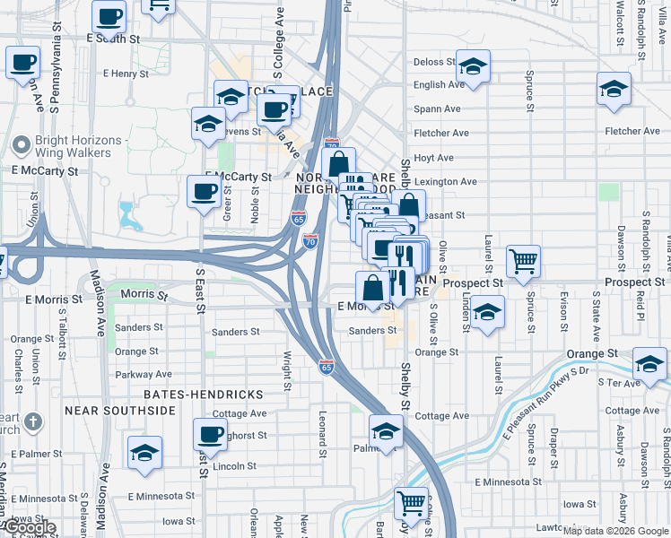 map of restaurants, bars, coffee shops, grocery stores, and more near 901 Woodlawn Avenue in Indianapolis