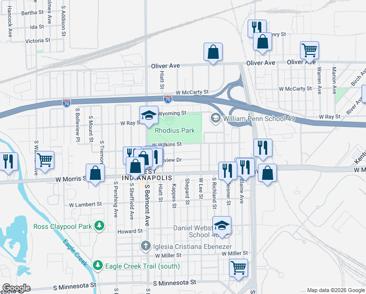 map of restaurants, bars, coffee shops, grocery stores, and more near 1825 West Wilkins Street in Indianapolis