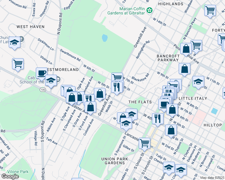 map of restaurants, bars, coffee shops, grocery stores, and more near 477 Greenhill Avenue in Wilmington