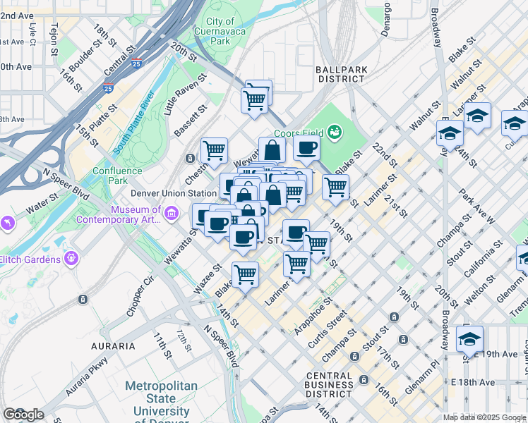 map of restaurants, bars, coffee shops, grocery stores, and more near 1743 Wazee Street in Denver