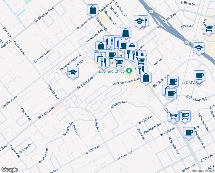 map of restaurants, bars, coffee shops, grocery stores, and more near 400 Mission Ranch Boulevard in Chico