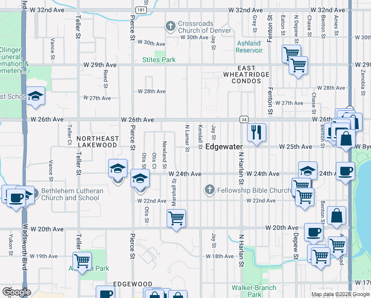 map of restaurants, bars, coffee shops, grocery stores, and more near 2495 North Lamar Street in Edgewater