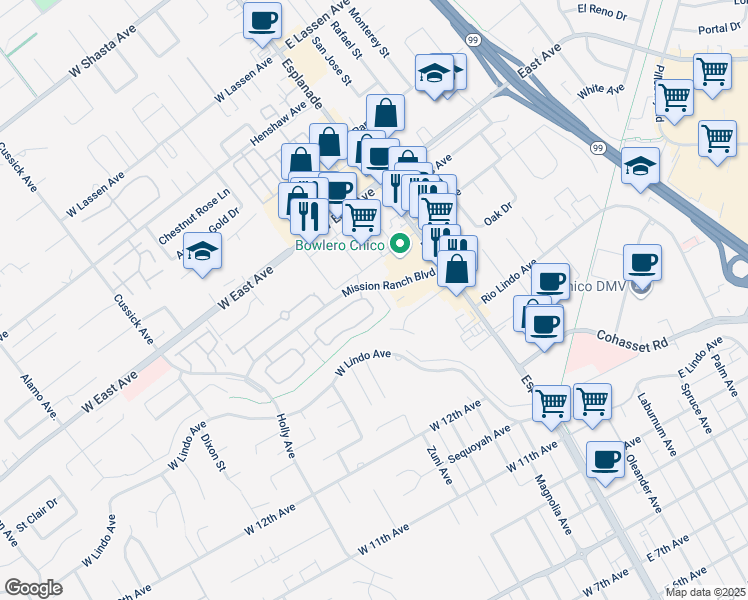 map of restaurants, bars, coffee shops, grocery stores, and more near 342 Mission Serra Terrace in Chico