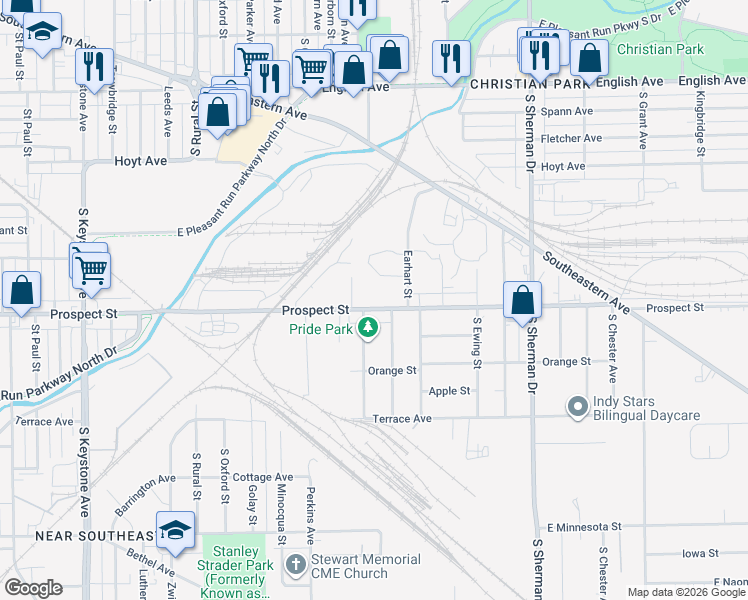 map of restaurants, bars, coffee shops, grocery stores, and more near 3428 Prospect Street in Indianapolis
