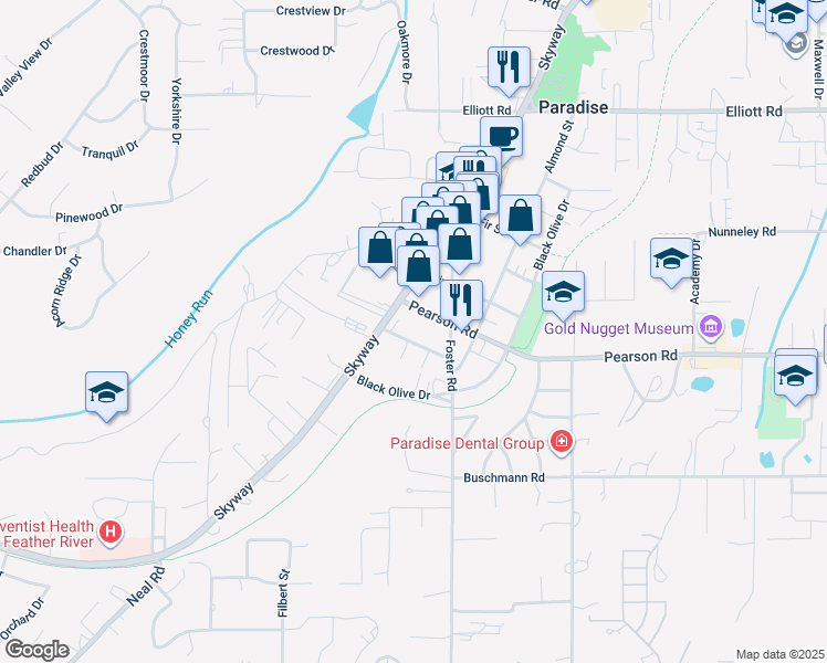 map of restaurants, bars, coffee shops, grocery stores, and more near 549 Oakwood Lane in Paradise