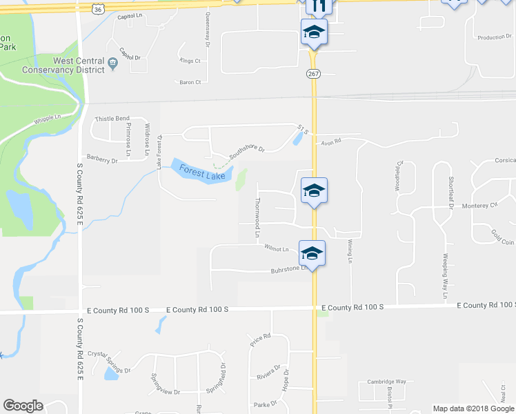 map of restaurants, bars, coffee shops, grocery stores, and more near Thornwood Lane in Avon