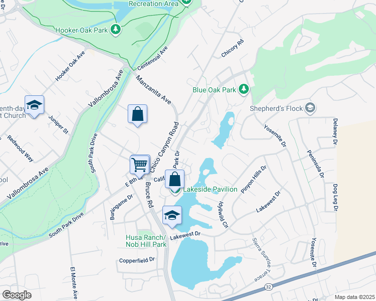 map of restaurants, bars, coffee shops, grocery stores, and more near 23 Lower Lake Court in Chico