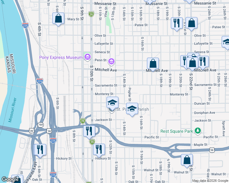 map of restaurants, bars, coffee shops, grocery stores, and more near 1524 South 13th Street in Saint Joseph