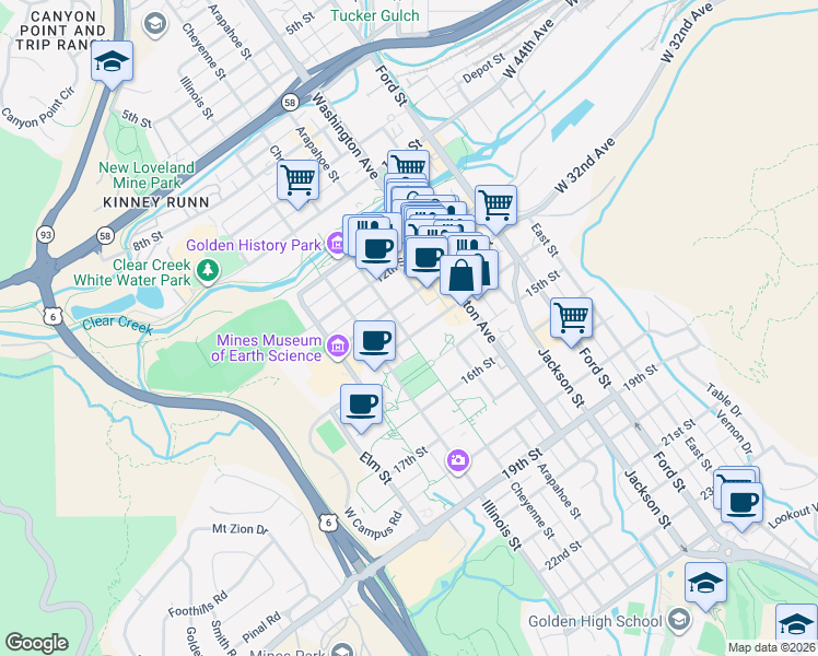 map of restaurants, bars, coffee shops, grocery stores, and more near 922 14th Street in Golden