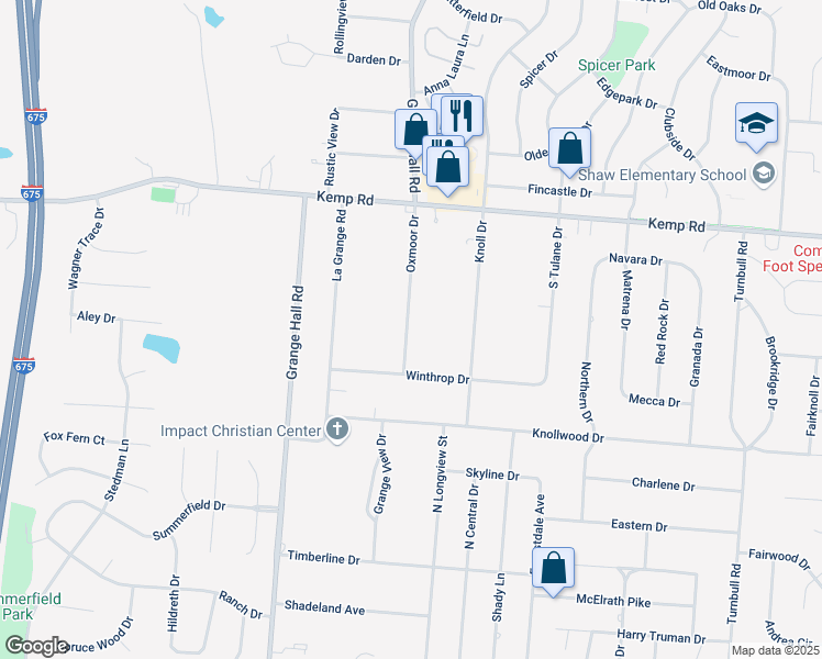 map of restaurants, bars, coffee shops, grocery stores, and more near 2118 Oxmoor Drive in Dayton