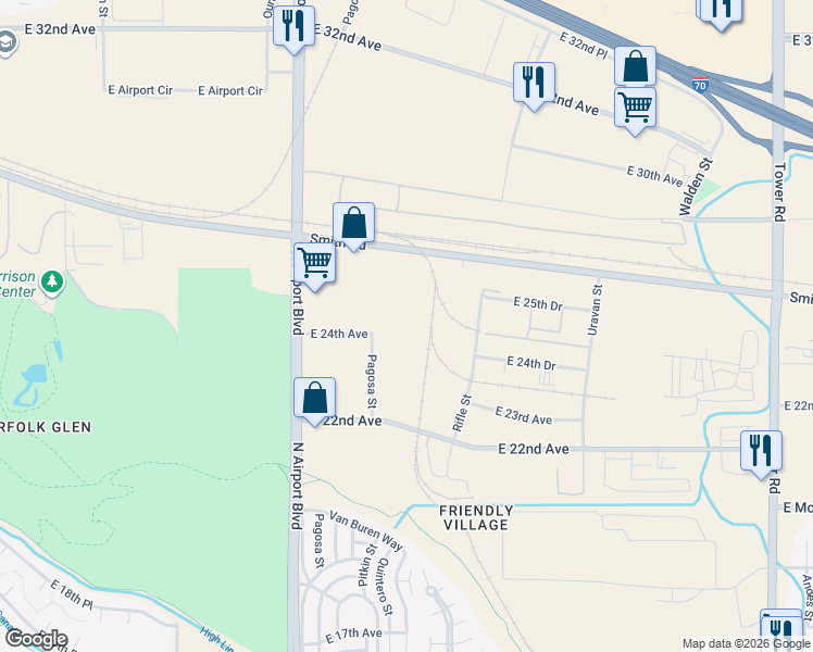 map of restaurants, bars, coffee shops, grocery stores, and more near 2470 Airport Boulevard in Aurora