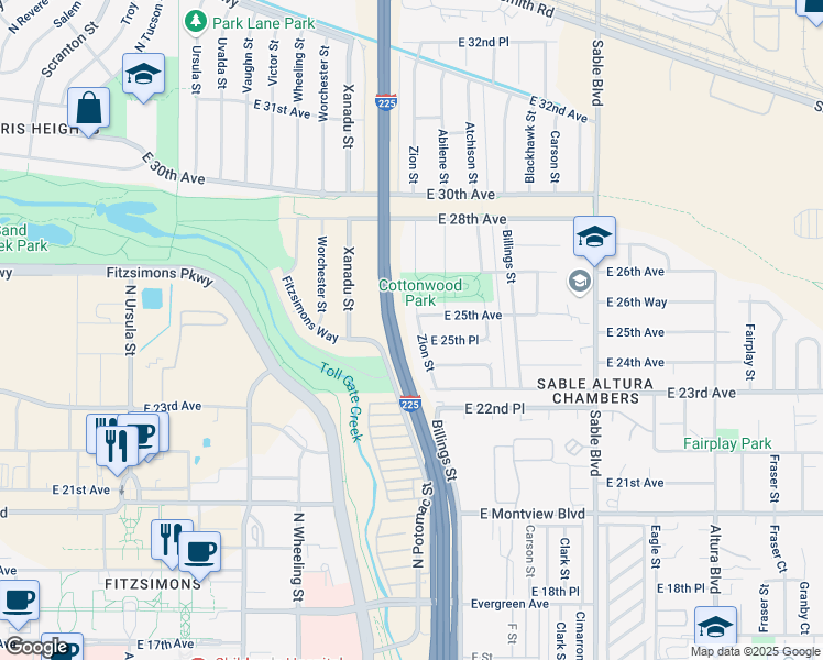 map of restaurants, bars, coffee shops, grocery stores, and more near 13706 East 25th Avenue in Aurora