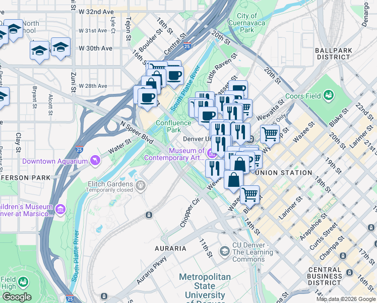 map of restaurants, bars, coffee shops, grocery stores, and more near 1450 Little Raven Street in Denver