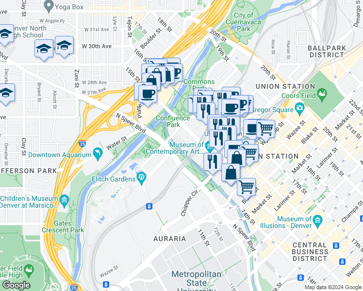 map of restaurants, bars, coffee shops, grocery stores, and more near 1450 Little Raven Street in Denver