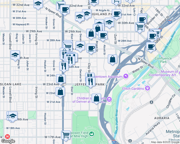 map of restaurants, bars, coffee shops, grocery stores, and more near in Denver