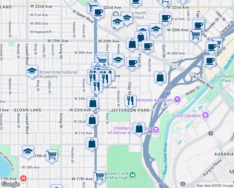 map of restaurants, bars, coffee shops, grocery stores, and more near 2810 West 25th Avenue in Denver