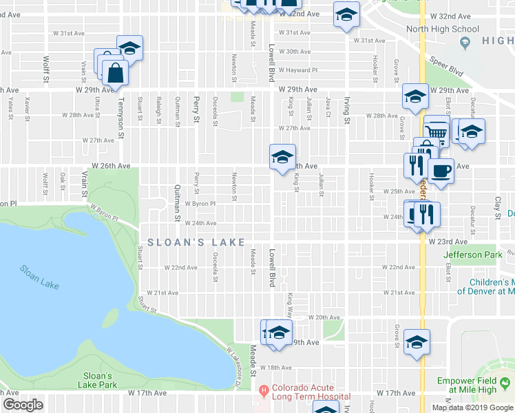 map of restaurants, bars, coffee shops, grocery stores, and more near 2441 Meade Street in Denver