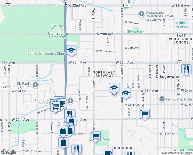 map of restaurants, bars, coffee shops, grocery stores, and more near 2460 Teller Street in Lakewood