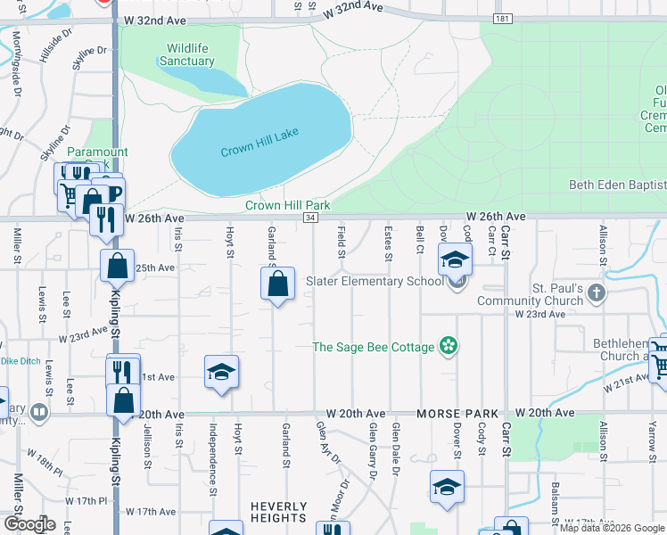 map of restaurants, bars, coffee shops, grocery stores, and more near 8925 West Frances Place in Lakewood