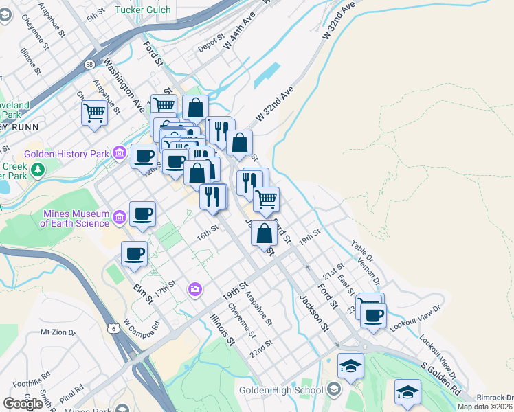 map of restaurants, bars, coffee shops, grocery stores, and more near 601 16th Street in Golden