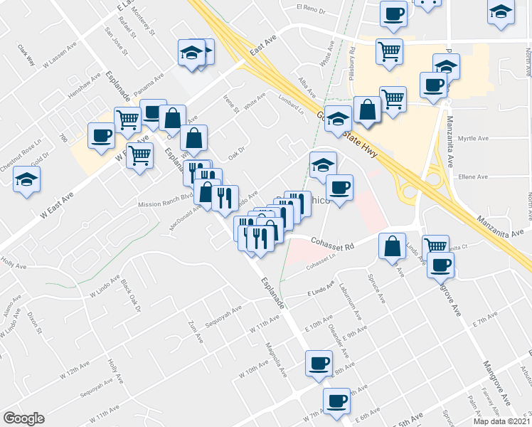 map of restaurants, bars, coffee shops, grocery stores, and more near 12 Porter Way in Chico
