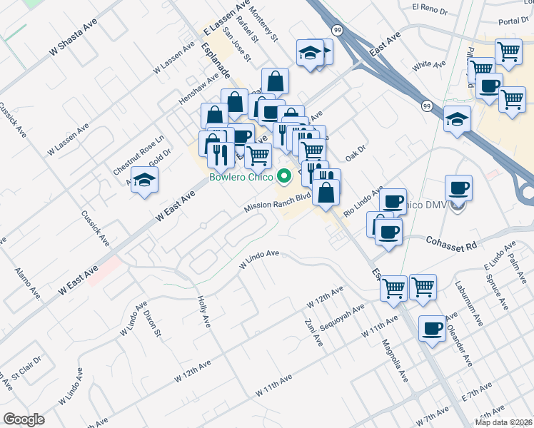 map of restaurants, bars, coffee shops, grocery stores, and more near 342 Mission Serra Terrace in Chico