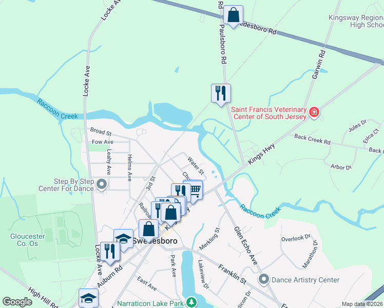 map of restaurants, bars, coffee shops, grocery stores, and more near 139 Water Street in Swedesboro