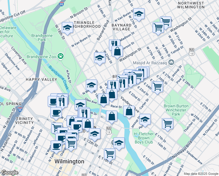 map of restaurants, bars, coffee shops, grocery stores, and more near 114 West 20th Street in Wilmington