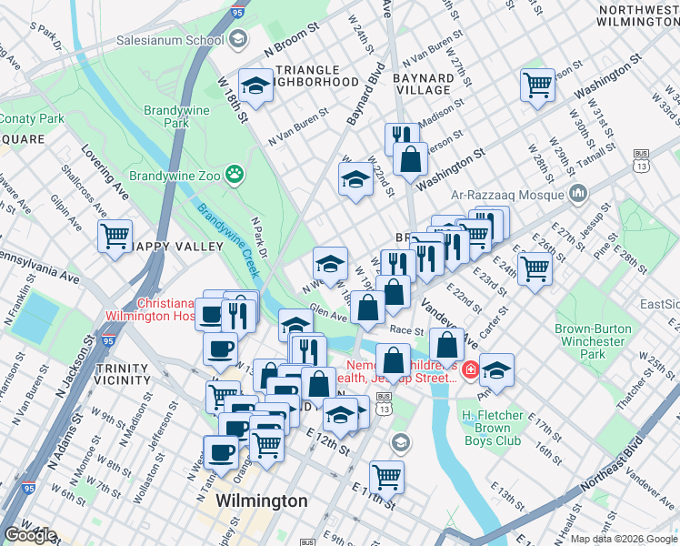 map of restaurants, bars, coffee shops, grocery stores, and more near 131 West 18th Street in Wilmington