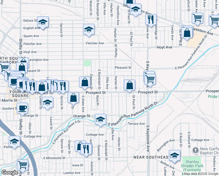 map of restaurants, bars, coffee shops, grocery stores, and more near 1049 Villa Avenue in Indianapolis