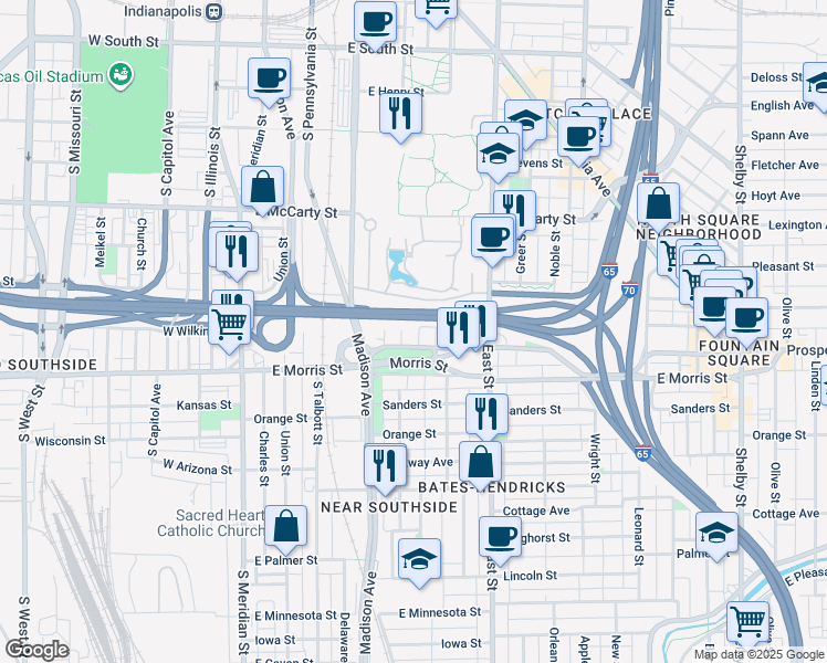map of restaurants, bars, coffee shops, grocery stores, and more near 1042 High Street in Indianapolis