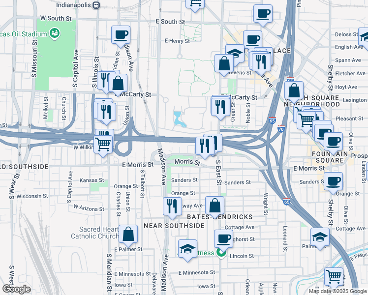 map of restaurants, bars, coffee shops, grocery stores, and more near 1042 High Street in Indianapolis