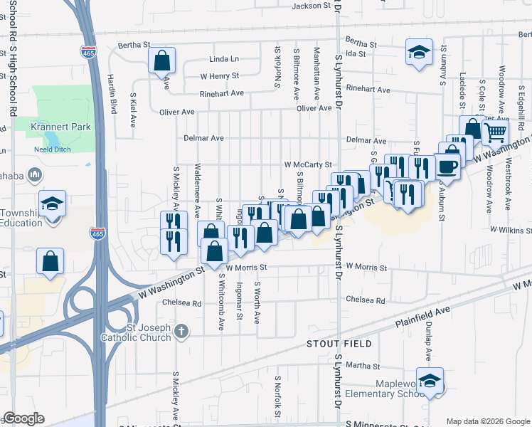 map of restaurants, bars, coffee shops, grocery stores, and more near 1017 South Worth Avenue in Indianapolis