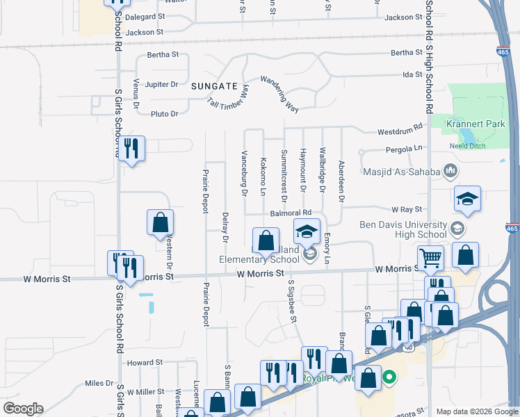 map of restaurants, bars, coffee shops, grocery stores, and more near 915 Kokomo Lane in Indianapolis
