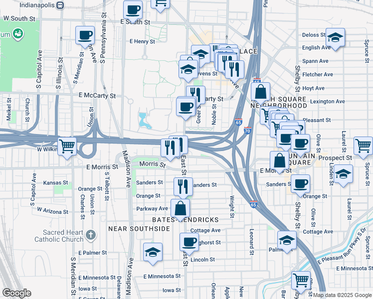 map of restaurants, bars, coffee shops, grocery stores, and more near 975 South East Street in Indianapolis