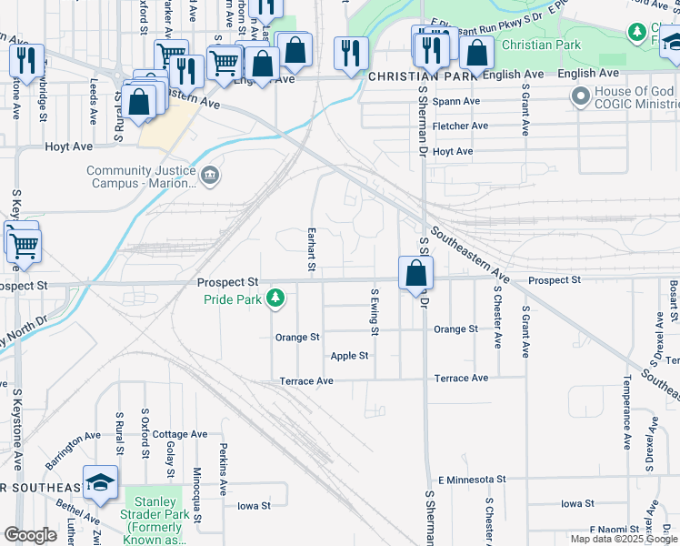 map of restaurants, bars, coffee shops, grocery stores, and more near 3534 Prospect Street in Indianapolis